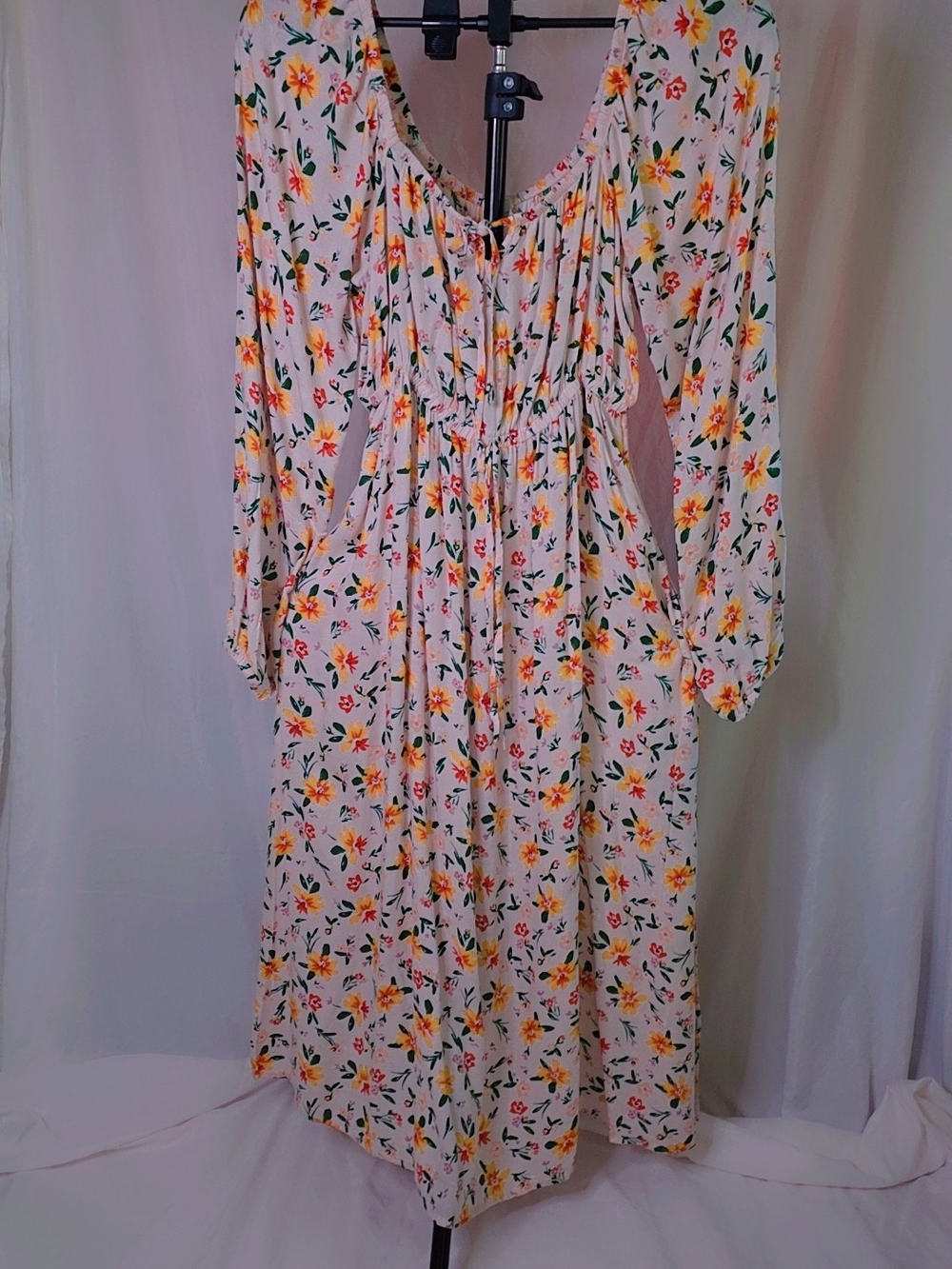 dip Cream Floral Midi Dress with Yellow and Pink Blooms